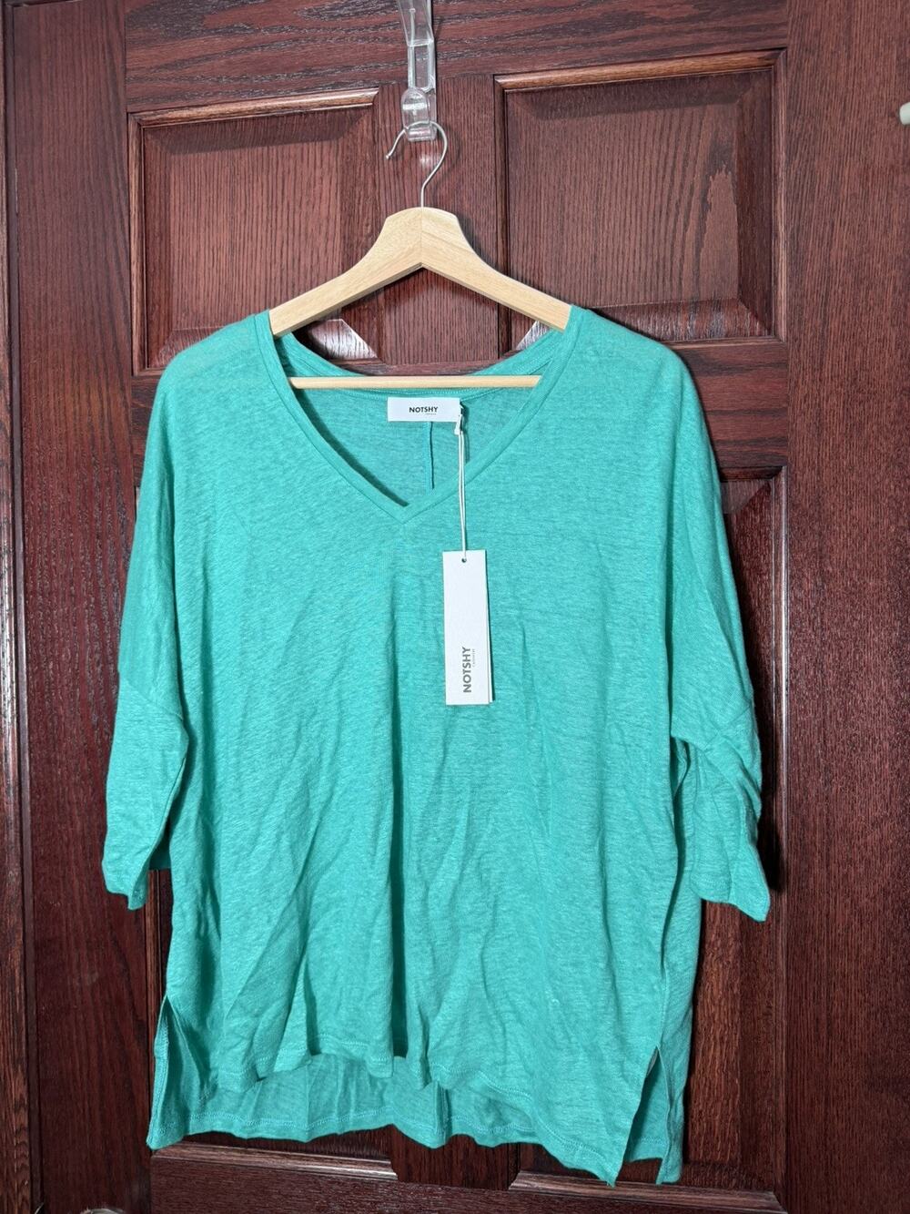 Notshy Top Linen Women’s S/M Oversized Loose Short Sleeve Green Relaxed Tee NWT